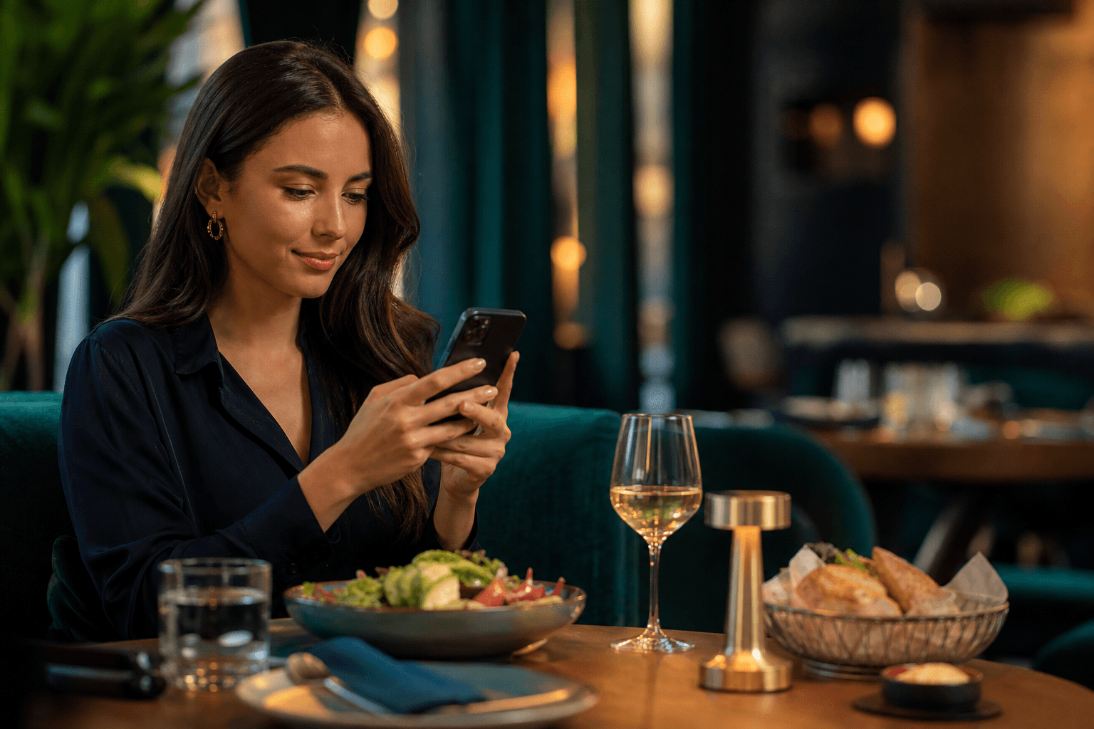 Gość restauracji zamawiający z telefonu przy stoliku