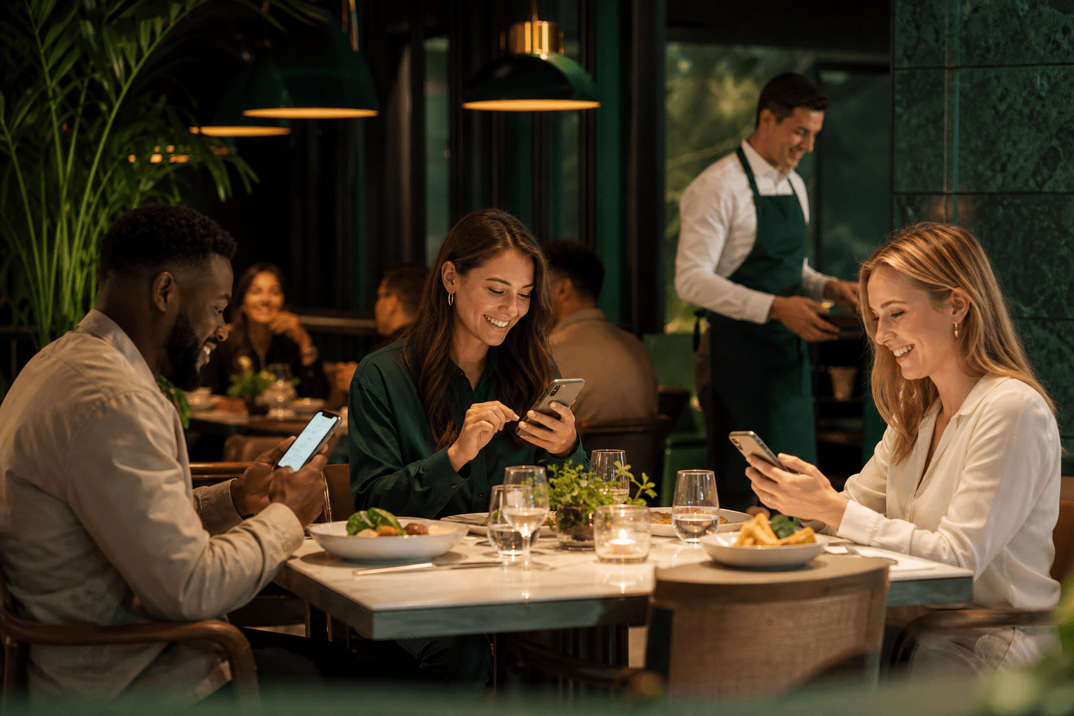 Goście restauracji korzystający z telefonów przy stoliku