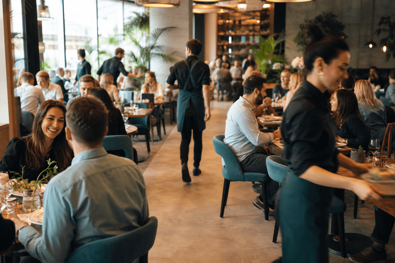 Pełna gości restauracja w godzinach szczytu